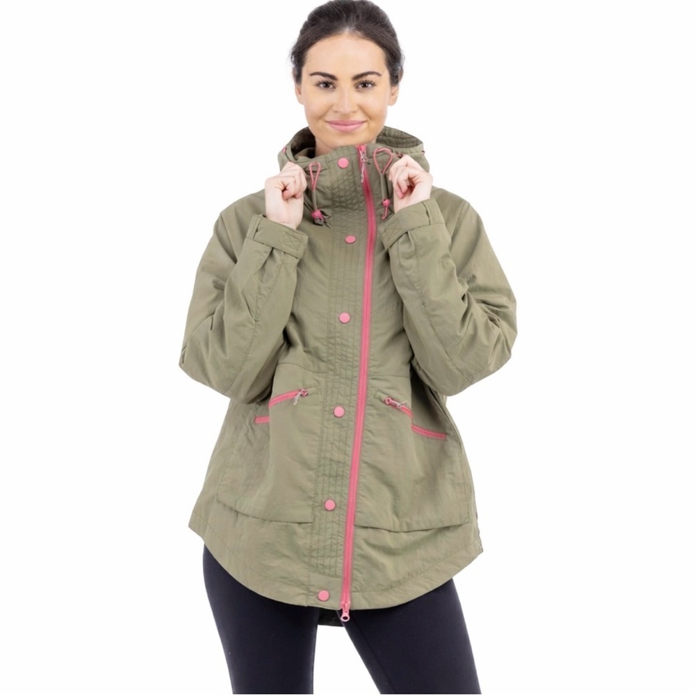 NWT LIV Outdoor Olive Green Pink Packable Hooded Windshield Jacket XS Waterproof